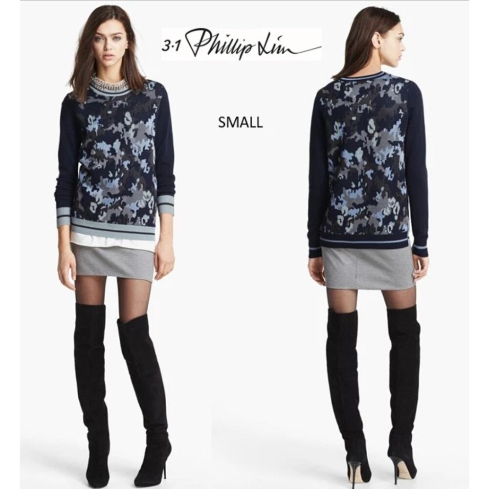 3.1 Phillip Lim Navy Camouflage Multicolor Wool-Blend Pullover Sweater